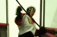 Ouch: Self clothesline by Junoir hockey player Mitchell Skiba