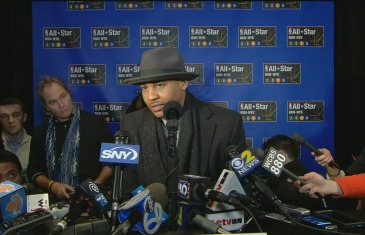 Carmelo Anthony speaks to the media for NBA All-Star Weekend