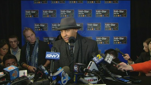 Carmelo Anthony speaks to the media for NBA All-Star Weekend