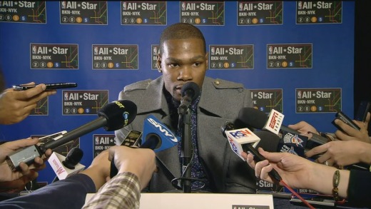 Kevin Durant speaks to the media for NBA All-Star Weekend