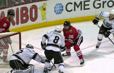 Brandon Saad hit into a sandwhich by Drew Doughty & Kyle Clifford