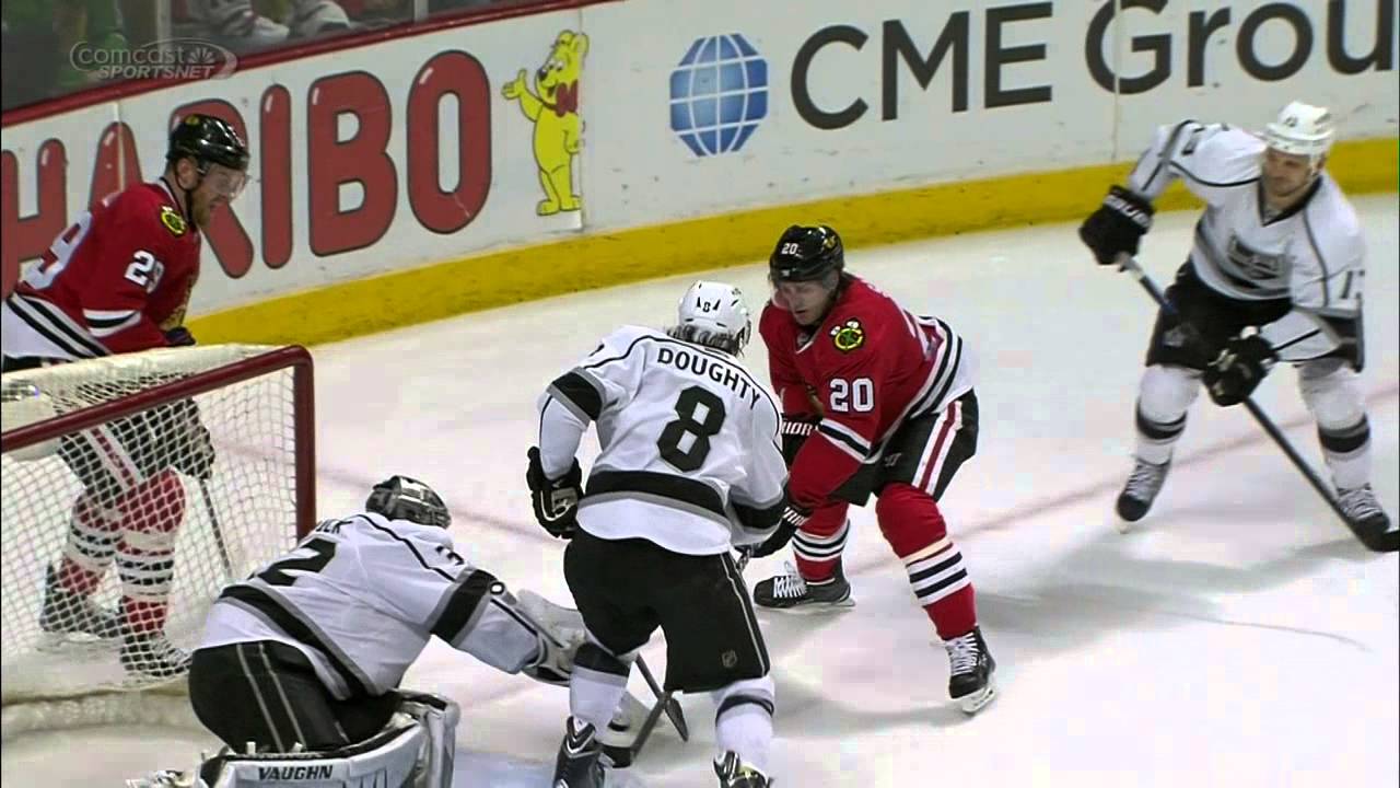 Brandon Saad hit into a sandwhich by Drew Doughty & Kyle Clifford