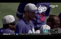 Clayton Kershaw hit in face by comebacker