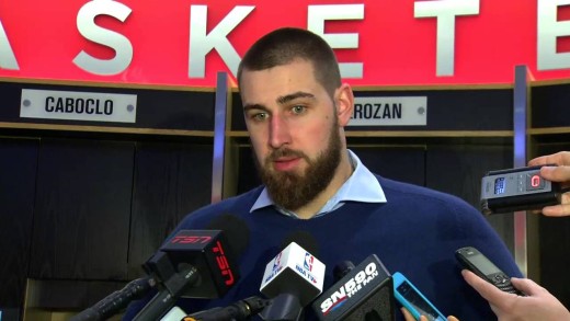 Jonas Valanciunas speaks to the media about LeBron James foul