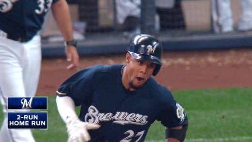 Carlos Gomez homers the pitch after he swings his helmet off