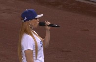 Faith Evans sings America the Beautiful at Dodgers Stadium