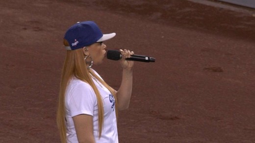 Faith Evans sings America the Beautiful at Dodgers Stadium