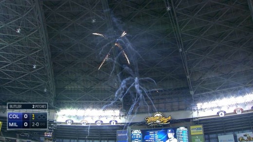 Fireworks go off during Carlos Gomez at bat