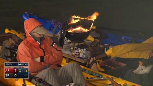 Giants’ fan has his barbecue & his dog on his kayak