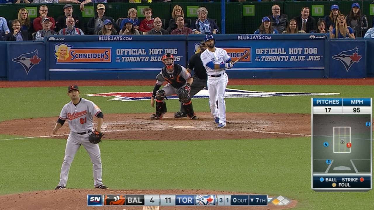Jose Bautista homers the very next pitch after being thrown behind