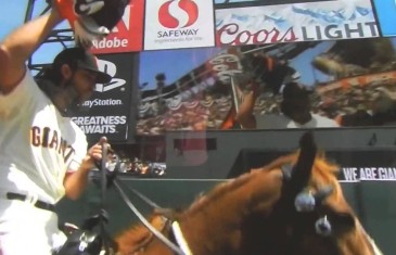 Madison Bumgarner rides in on a horse for Giants Opening Day