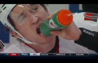 Mark Stone tries to drink from wrong end of water bottle
