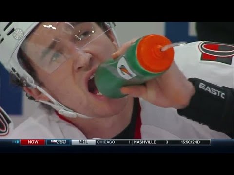 Mark Stone tries to drink from wrong end of water bottle