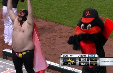 Masked man dances with The Oriole Bird