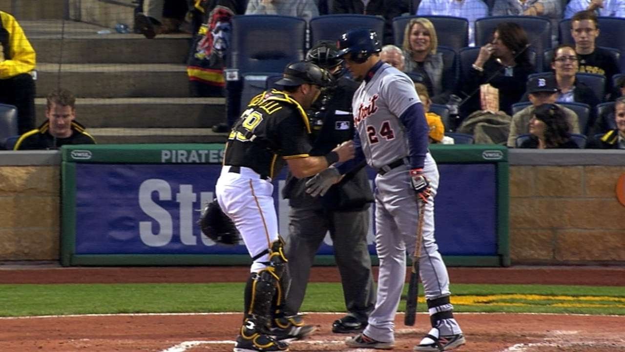 Miguel Cabrera strikes out and then knocks the ball away from Cervelli