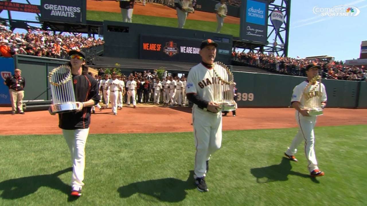 San Francisco Giants walk in to Opening Day with their 3 World Series trophies