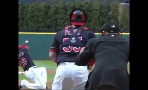 Scary: Carlos Carrasco takes a line drive to the glove & face