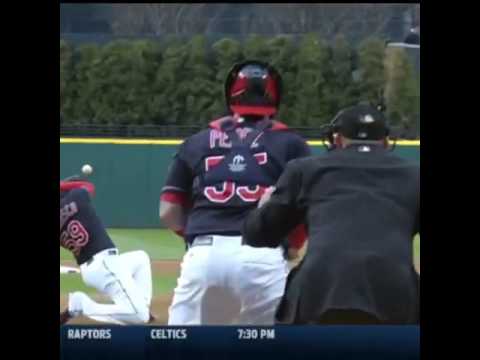 Scary: Carlos Carrasco takes a line drive to the glove & face