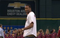 Tracy McGrady throws out the first pitch for the Houston Astros