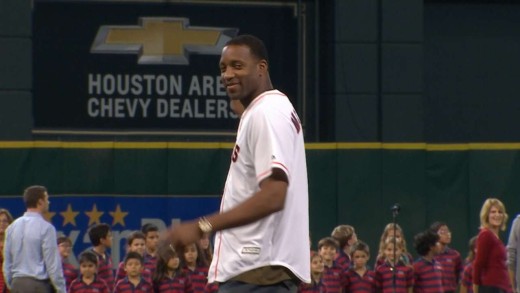 Tracy McGrady throws out the first pitch for the Houston Astros