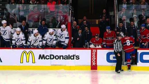 Brandon Prust throws elbow pad at Lightning bench