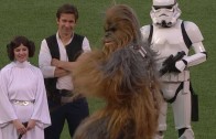 Chewbacca tosses the first pitch at Fenway