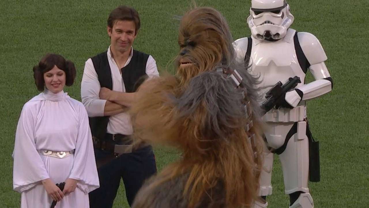 Chewbacca tosses the first pitch at Fenway