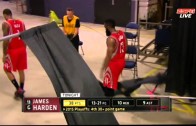 James Harden knocks over a curtain after Game 2 loss