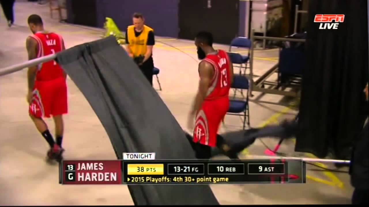 James Harden knocks over a curtain after Game 2 loss