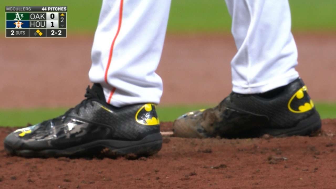 Lance McCullers wears cleats with the Batman emblem in his debut