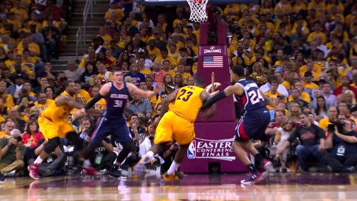 LeBron James drives for the major facial throwdown