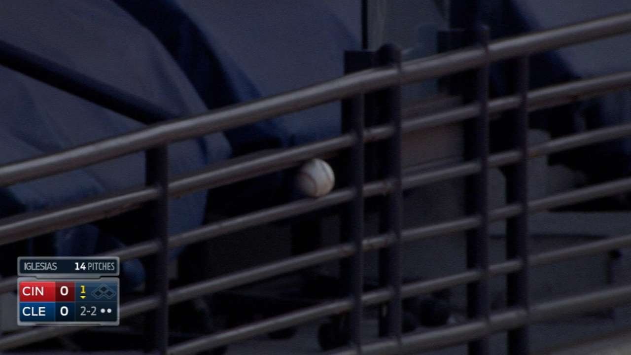 Michael Brantley hits a foul that wedges in a railing