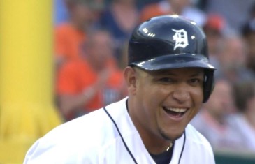 Miguel Cabrera has a good chuckle over legging out a triple