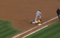 Miguel Cabrera pretends the ball has been thrown away on a pickoff
