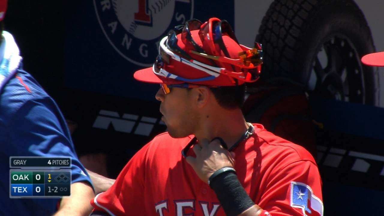 Rangers stack sunglasses on Robinson Chirino's hat