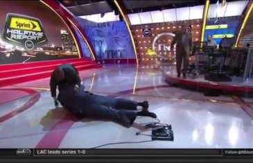 Shaquille O’Neal takes a hard spill on the set of Inside the NBA