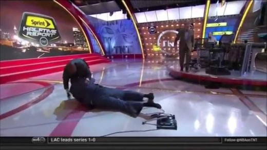 Shaquille O’Neal takes a hard spill on the set of Inside the NBA