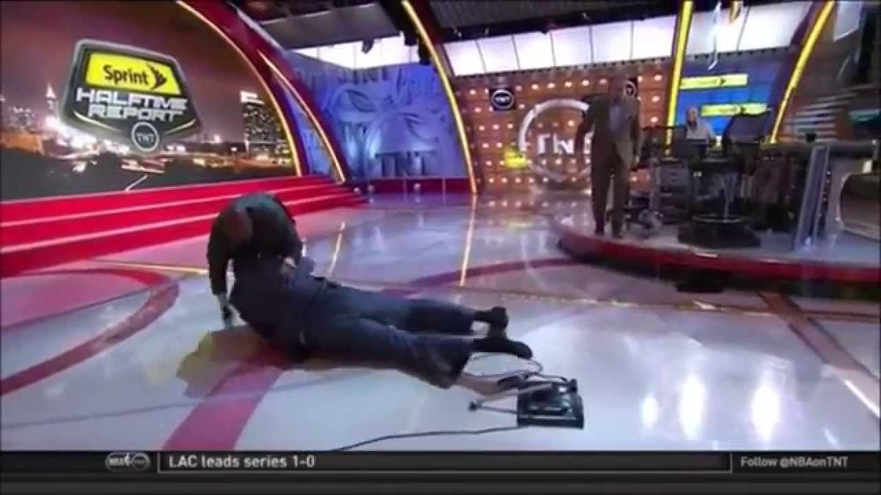 Shaquille O'Neal takes a hard spill on the set of Inside the NBA