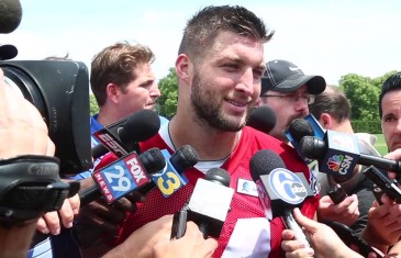 Tim Tebow speaks to the media about returning to football