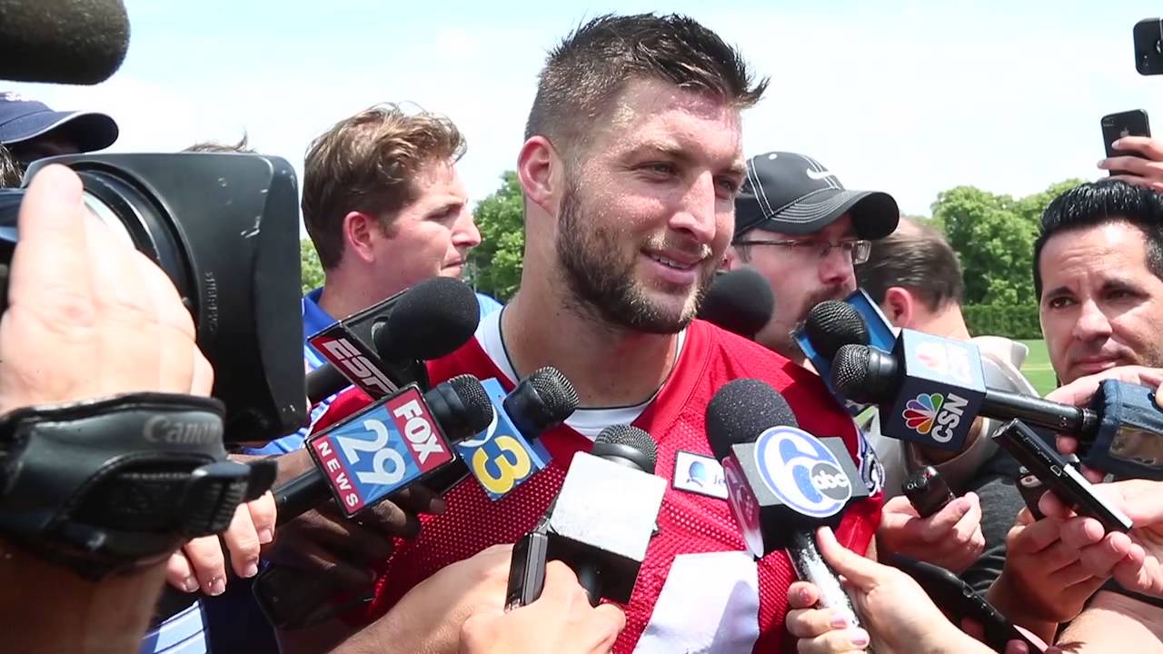 Tim Tebow speaks to the media about returning to football