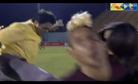 Venezuelan soccer player drilled with flying kick during interview