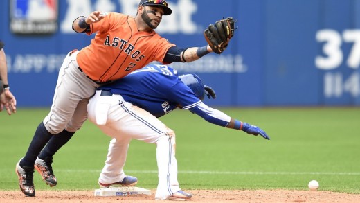 Jose Bautista singles on a pop up because of collision at 2nd base