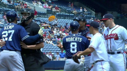 Benches clear after Matt Kemp is hit by a pitch