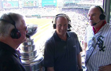 Blackhawks head coach Joel Quenneville brings the Stanley Cup to White Sox booth