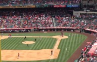 Fan runs onto field at Angels stadium & mimics a pitch