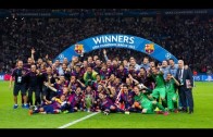 FC Barcelona lift the Champions League trophy