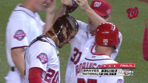 Ian Desmond hits walk off sac-fly & gets doused with chocolate sauce