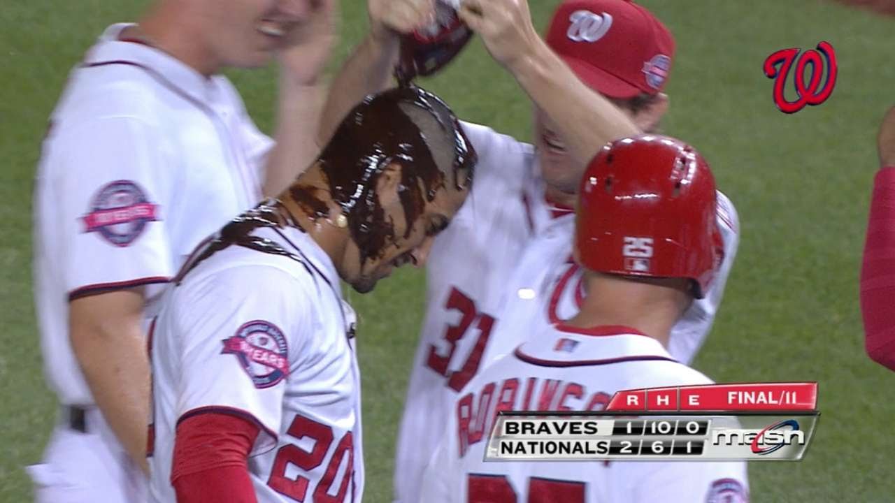 Ian Desmond hits walk off sac-fly & gets doused with chocolate sauce