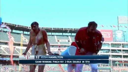 Josh Hamilton & Rangers reporter Emily Jones get drenched in Gatorade