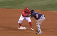 Rene Rivera’s slide into second comes up a little short
